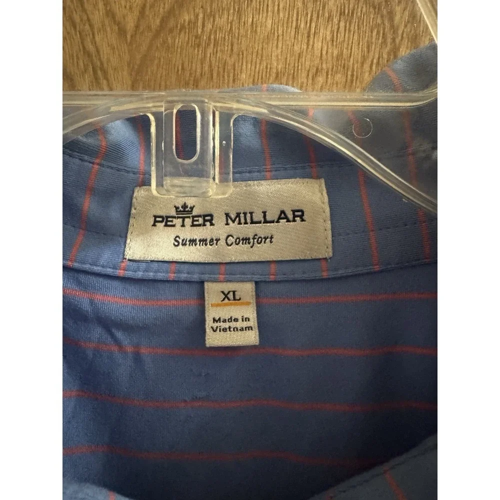 Peter Millar Summer Comfort Mens XL Polo Shirt Blue Pink Striped TX Golf Patch